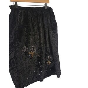 Black Velvet Beaded Floral Midi Skirt Elastic Waist Women's
